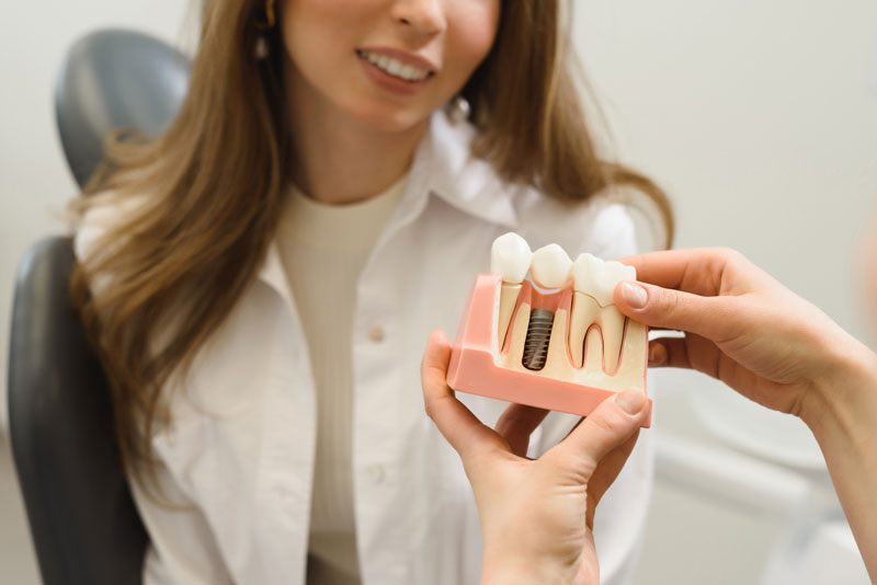 a dental patient being shown a dental implant model.