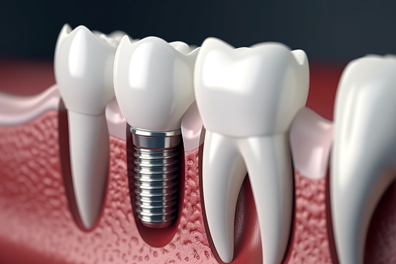 a digital cutaway showing a dental implant post and ceramic restoration.