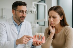 Image of a dentist in a modern office explaining the safety of dental implants to a concerned patient, using a 3D model of a jaw with implants to illustrate the process. No text on the image.