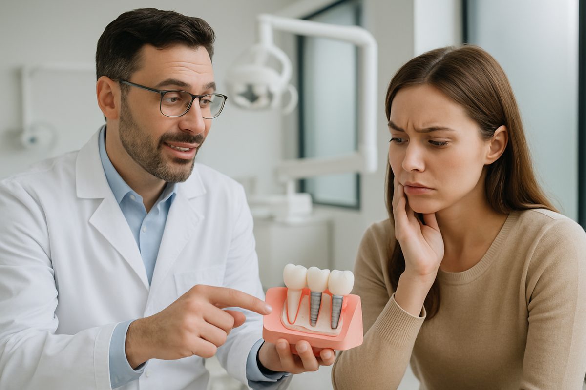 Image of a dentist in a modern office explaining the safety of dental implants to a concerned patient, using a 3D model of a jaw with implants to illustrate the process. No text on the image.