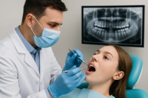 Image of a dentist performing a periodontal probing on a patient, with a digital X-ray displayed in the background. The dentist is wearing gloves and a mask, and the patient is in a dental chair. No text on the image.