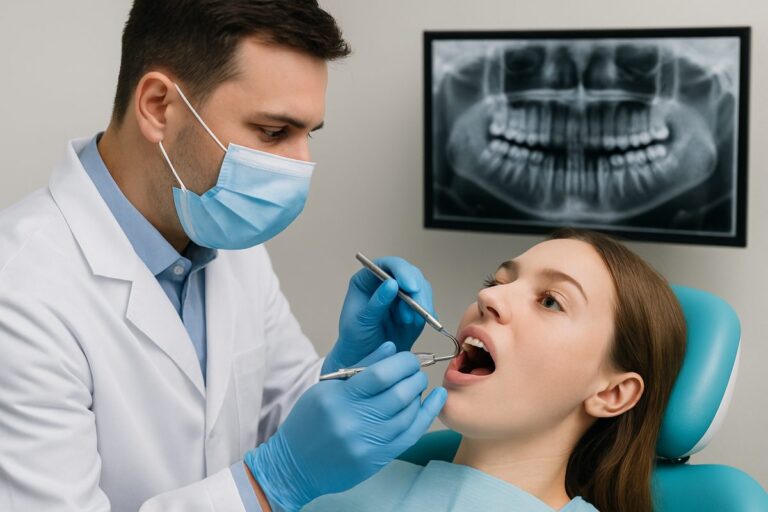 Image of a dentist performing a periodontal probing on a patient, with a digital X-ray displayed in the background. The dentist is wearing gloves and a mask, and the patient is in a dental chair. No text on the image.