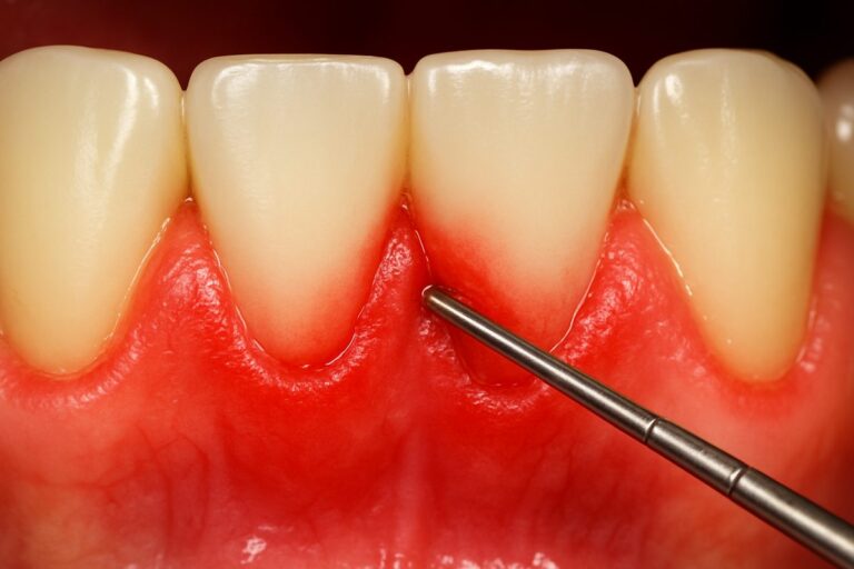 Close up of gums that are red and inflamed around the base of the teeth. The gum is slightly receding, and a dental probe is gently touching the swollen tissue. No text on the image.
