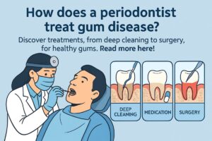 Illustration of a periodontist in a modern dental office, using a laser device to treat a patient's gums, with a dental assistant present. The image should evoke a sense of advanced technology and gentle care. No text on the image.