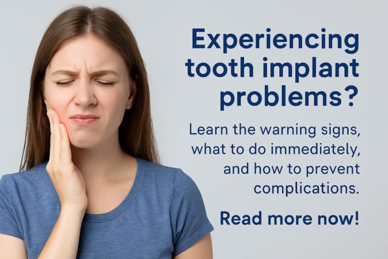 An image of an unhappy patient pointing to their implant in the mirror with obvious swelling and redness in the surrounding gum tissue. Text on the image says "Experiencing Implant Issues?"