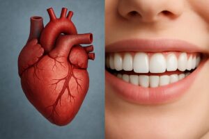A split image of a healthy heart and a set of healthy teeth side by side, next to each other. No text on the image.