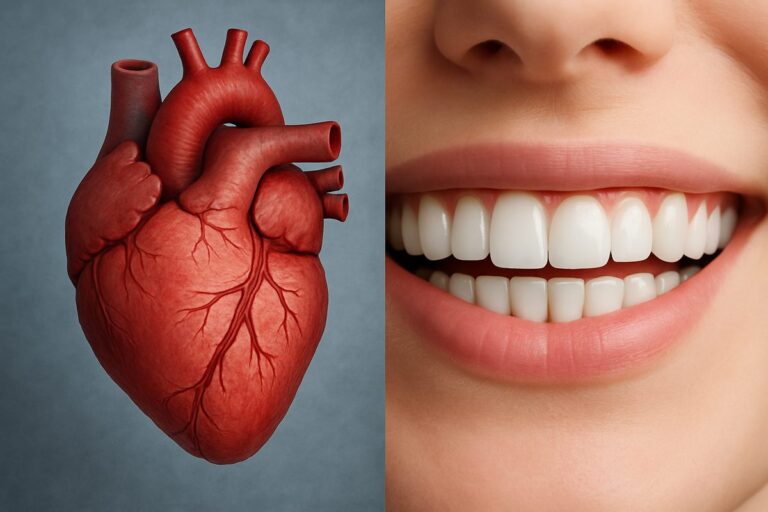 A split image of a healthy heart and a set of healthy teeth side by side, next to each other. No text on the image.