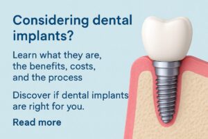 An infographic comparing different types of dental implants, including implant d, single-tooth implants, implant-supported bridges, and full-arch solutions. No text on the image.