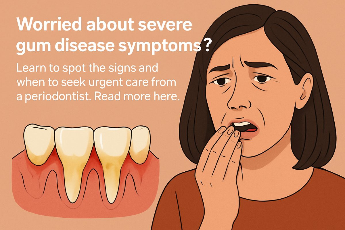 Close-up image of inflamed gums with visible bleeding and pus, illustrating severe gum disease symptoms. Focus on the swollen and receded gum line around the teeth. No text on image.