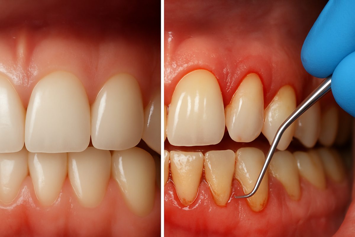 A split image comparing healthy gums to gums affected by gingivitis and periodontitis, with a dentist pointing to the inflammation and bone loss in the diseased gums. No text on image.